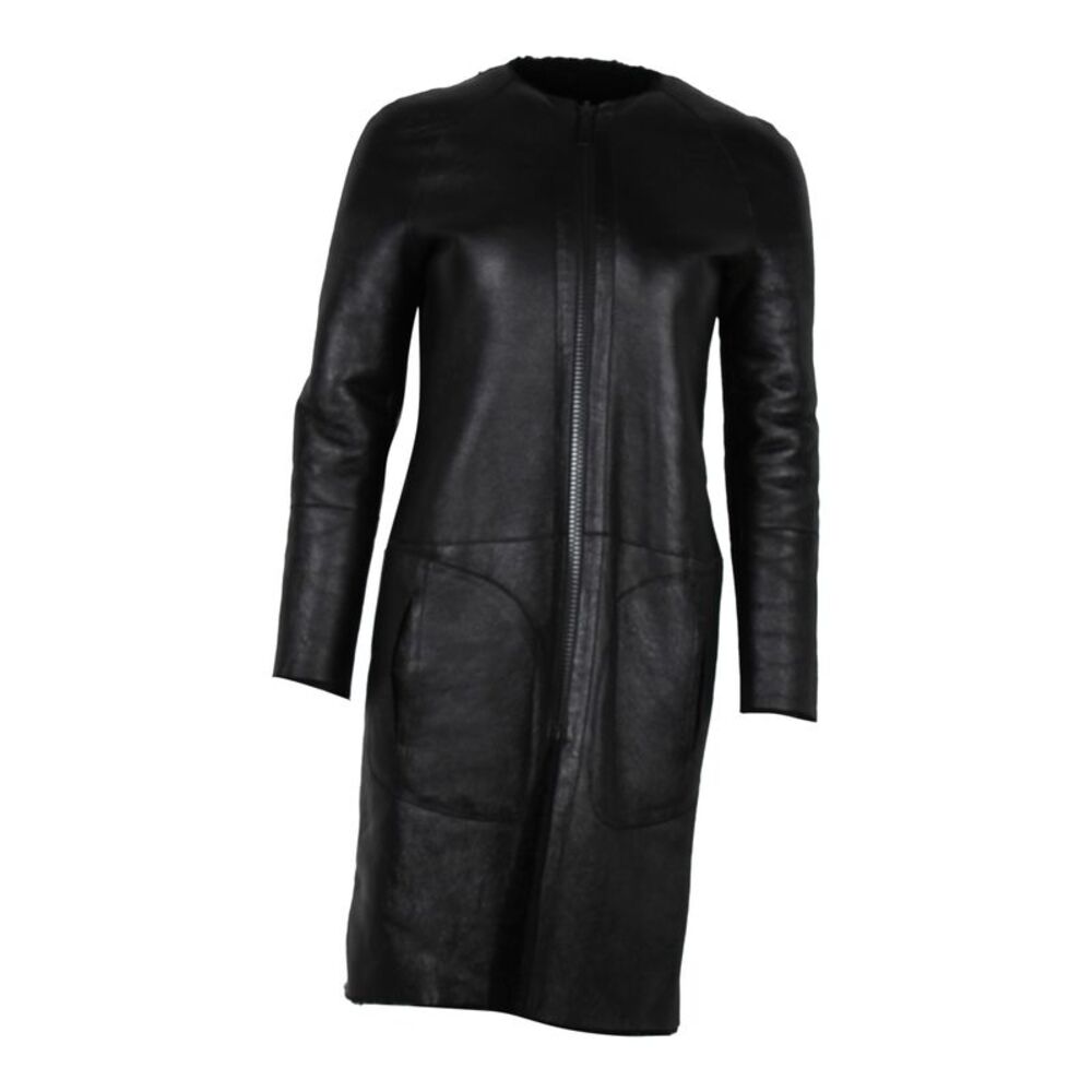 Celine Collarless Coat in Black Lambskin Leather